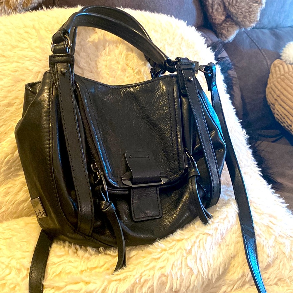 Kooba Jonnie Gray Black Shoulder Bag Purse Leather